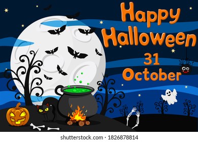 Cat, potion and glowing pumpkin on a night background. Happy Halloween