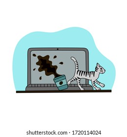 The Cat Pours A Glass Of Coffee On A Laptop. Laptop Repair After An Accident. Linear Style. Vector Illustration.