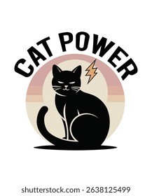 Cat Power Minimalist Typography Illustration with Black Cat Silhouette and Lightning Bolt for Posters, Apparel, Digital Media, and Fun Social Media Use