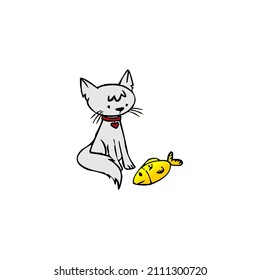 Cat preparing to eat fish, illustration.