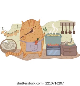 The cat is preparing mushroom soup