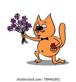 cat to present the flowers. small gift in little box. to stand on one knee.