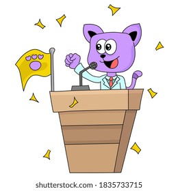 The cat president is on the podium giving a campaign speech. cartoon illustration sticker emoticon