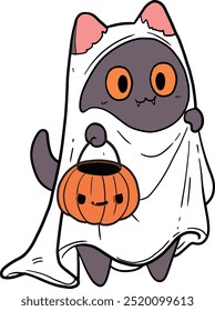 Cat pretending to be a ghost holding a pumpkin
