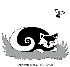 Cat pretending sleeping, ready to catch gadfly before it stings, vector illustration