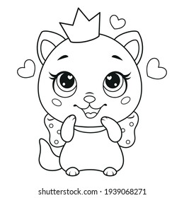 Cat princess loves its crown coloring page for kids. Black and white outline illustration