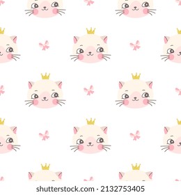 Cat princess seamless pattern. Kitty in gold crown, cute funny print for girl. Childish nursery graphic, baby fabric art template. Nowaday cartoon vector background