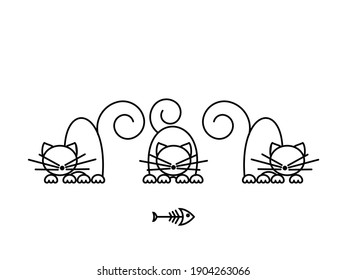 Cat Print. Funny kittens playing with a fish. Minimalist Art. Vector illustration.