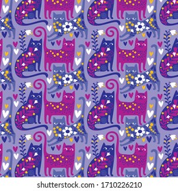 Cat print. Pattern of seals and flowers.