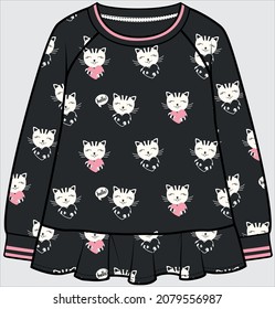 CAT PRINTED RAGLAN SLEEVES FRILLED SLEEVES SWEAT TOP FOR TEEN GIRLS AND KID GIRLS IN EDITABLE VECTOR FILE