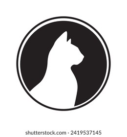 Cat profile black silhouette in a round frame. Vector illustration isolated on a white background  