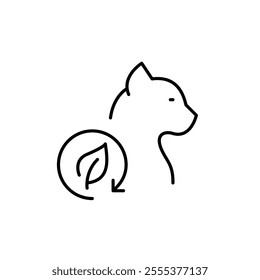 Cat profile view and leaf in recycling arrow. Natural pet care, eco-friendly sustainable products and practices. Pixel perfect vector icon