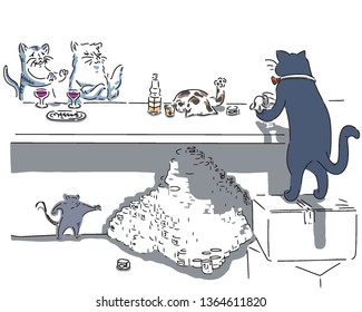 Cat pub guests and bartenders. hand drawn style vector design illustrations. 
