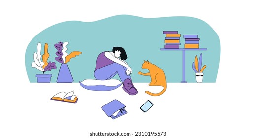El gato le tira la pata al hombre triste. El estudiante está preocupado por los exámenes. Bolso caído con libro de texto, tablet y smartphone en el suelo. depuración de materiales promocionales y publicidad para hombres