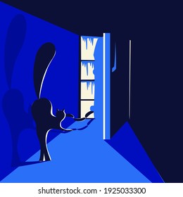 A cat pulls a sausage out of the refrigerator at night. Vector illustration.