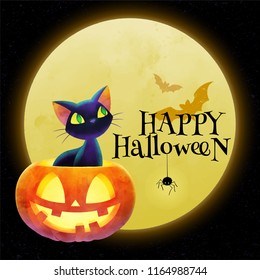 Cat in pumpkin against full moon, Happy Halloween. Vector illustration. The Halloween greeting concept used for poster, postcard, website banner.