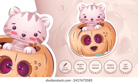 Cat in Pumpkin Cartoon Characters. Cute Amimal. Kitty Illustration for Kids. Vector eps 10.