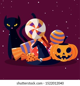 Cat and pumpkin cartoon design, Halloween holiday horror scary celebration autumn dark and party theme Vector illustration