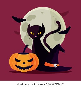 Cat and pumpkin cartoon design, Halloween holiday horror scary celebration autumn dark and party theme Vector illustration