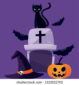 Cat and pumpkin cartoon design, Halloween holiday horror scary celebration autumn dark and party theme Vector illustration