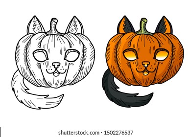 Cat pumpkin coloring book page. Cute lantern for Halloween.