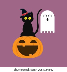 Cat, pumpkin and ghost. Three cute halloween characters. Flat design vector illustration on isolated background.
