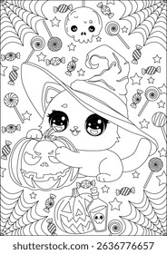 Cat With Pumpkin Halloween Coloring Page Vector