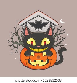 cat pumpkin happy halloween vector