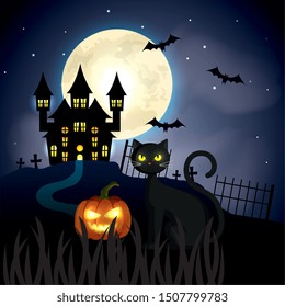 cat with pumpkin and haunted castle in halloween scene