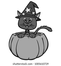 Cat in Pumpkin Illustration - A vector cartoon illustration of a Cat in a Pumpkin.
