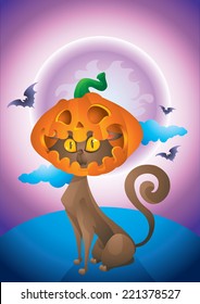 cat with pumpkin at the moon
