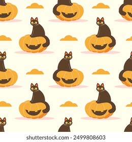 cat and pumpkin pattern. Cute festive background