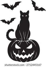 Escena de la calabaza del gato – ilustración linda de Halloween, gatito con diseño de Vector Jack-O'-Lantern
