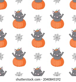 Cat and Pumpkin seamless pattern retro Halloween theme. Vector illustration