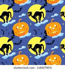 Cat and pumpkin vector seamless Pattern Halloween isolated wallpaper background cartoon.