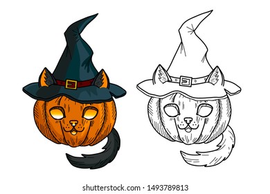 Cat pumpkin in Witch hat, . Cute  lantern  for Halloween.