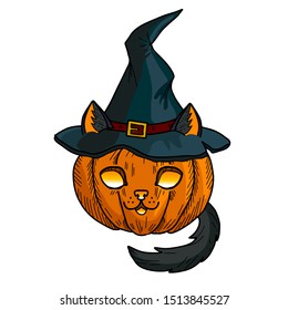 Cat pumpkin in Witch hat . Cute lantern for Halloween.