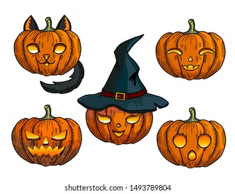 Cat pumpkin, witch hat, and ghost. Cute pumpkins lantern set for Halloween.