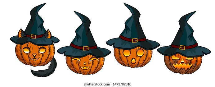 Cat pumpkin, witch hat, and ghost. Cute pumpkins lantern set for Halloween.