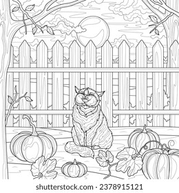 Cat and pumpkins near the fence.Coloring book antistress for children and adults. Illustration isolated on white background.Zen-tangle style. Hand draw