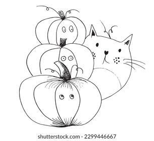 Cat with pumpkins outline illustration image. 
Hand drawn image artwork of cat. 
Simple cute original logo of a monochrome pumpkins.
Hand drawn vector illustration for posters, cards, t-shirts.