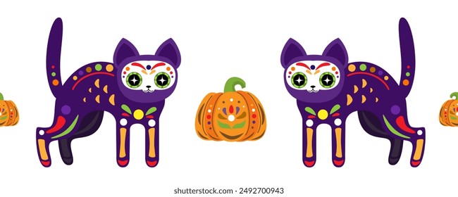 Cat with pumpkins seamless pattern. Halloween seamless border with cat.	