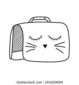 Cat or puppy carrier in doodle style. Carrying bag for your pet when traveling hand drawing. Vector isolated illustration on a white background. Outline character.