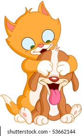 Gato e cachorrinho brincando espiar um livro