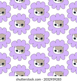 Cat in a purple flower white seamless pattern. Cute pet illustration for children.