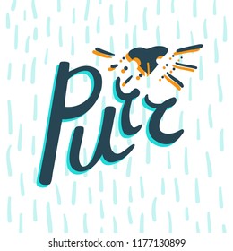 Cat Purr logo with nose and whiskers design elements for pet brand, shop or blog. Hand-drawn brush lettering, simple fur pattern background. Offset color.