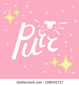 Cat Purr logo with nose and whiskers detail for pet brand, shop or blog. Hand-drawn brush lettering, clean, white on pink background with glamourous shining sparkles.