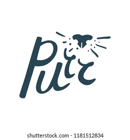 Cat Purr logo with nose and whiskers detail for pet brand, shop or blog. Hand-drawn brush lettering, clean, isolated on white background. Usable as overlay or on its own. 