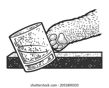 Cat pushes glass with drink sketch engraving vector illustration. T-shirt apparel print design. Scratch board imitation. Black and white hand drawn image.