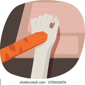Cat put its paw on the owners hand while he post something on his laptop. Vector illustration.